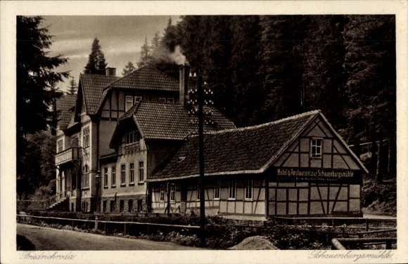 Postcard Friedrichroda in the Thuringian Forest, Hotel Restaurant zur Schauenburgsmühle, building in the forest, no