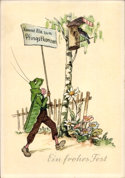 Artist Postcard Congratulations Pentecost, Come all to the Pentecost concert, Grasshopper, Bird