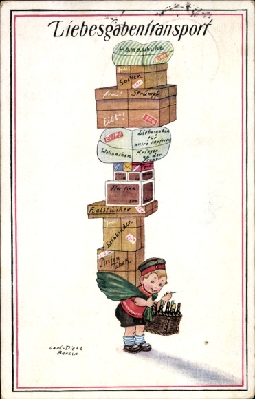 Kunstenaarskaart Diehl, Carl, vervoer van geschenken van liefde, kind in uniform