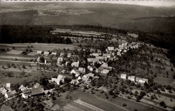 Postcard Monakam Bad Liebenzell in the Black Forest, aerial view of a village surrounded by forests and fields