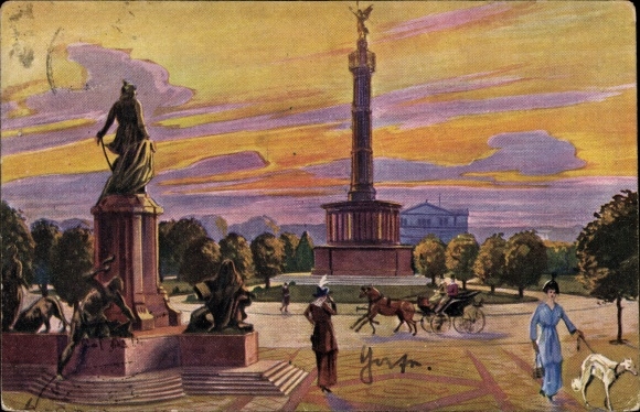 Kunstenaar ansichtkaart Barber, Court, Berlin Tiergarten, overwinningszuil, Bismarck-monument