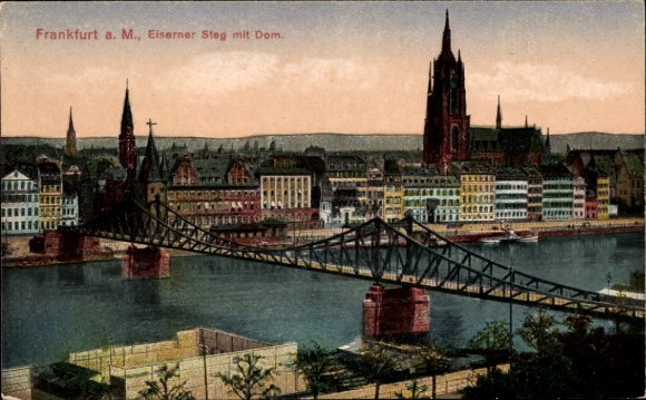 Postcard Frankfurt am Main, Eiserner Steg, Cathedral, River