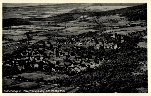 Postcard Oberwintersbach Dammbach in Lower Franconia, landscape photograph, Mönchberg, bird's eye view, rural