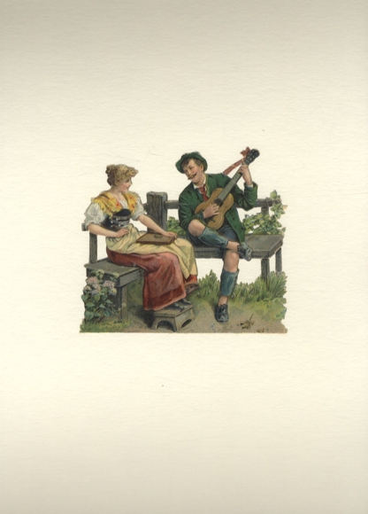 Oblate Junges Paar in Tracht mit Zither und Gitarre, Größe ca. 10,5 x 11,5 cm