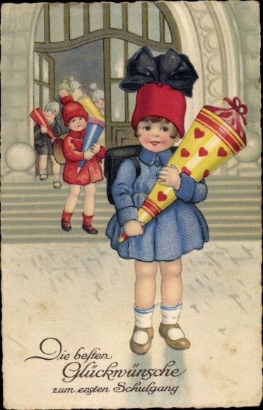 Postcard Congratulations back to school, girl with school cone