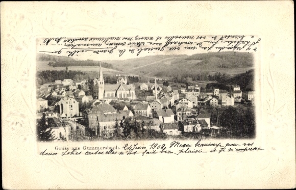 PC Gummersbach in the Oberbergischer Kreis, black and white photo, cityscape, churches, mountains, houses...