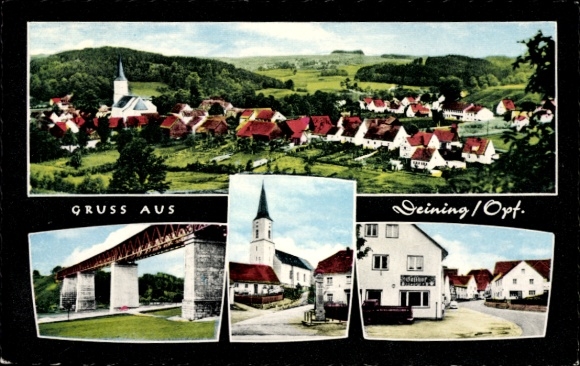 Postcard Deining in the Upper Palatinate, general view, church, bridge, inn