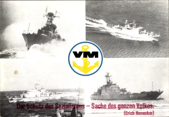 Postcard DDR People's Navy, Warships, The Protection of Socialism - A Matter for the Whole People, Honecker