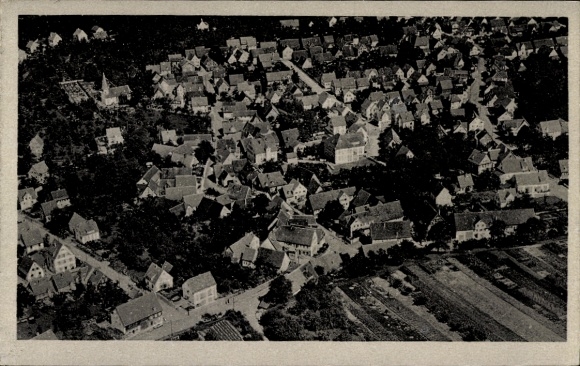 Postcard Berkheim in Upper Swabia, aerial view of numerous roofs, rural surroundings, no conspicuous