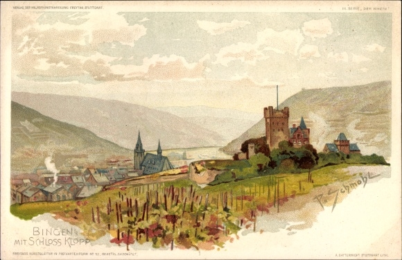 Artist Chromo-Litho Schmohl, P., Bingen am Rhein, View of the town with Klopp Castle, Weinfeld