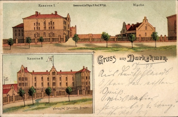 Chromo-Litho Osjorsk Darkehmen East Prussia, barracks of the Infantry Regiment 2nd Battalion No. 59, guard