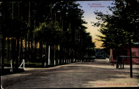 Postcard Zeithain in Saxony, barracks camp, military training area, trees, path,