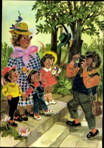 Künstler Ak Vermenschlichte Igel, Familie, Igelmann mit Fotoapparat