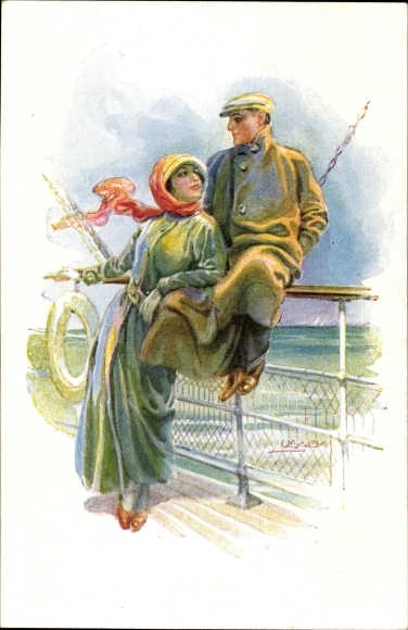 Künstler Ak Usabal, Luis, Junge Frau und Mann in Mänteln an Deck eines Schiffes