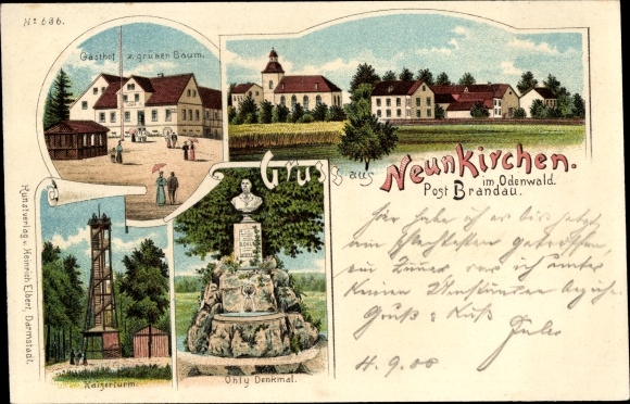 litho Neunkirchen im Odenwald Modautal, Ohly-monument, Gasthof zum Grüne Baum, Kaiserturm