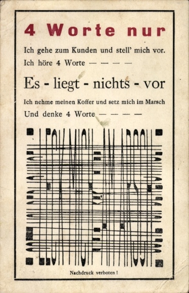 Vexier Postcard Word Puzzle, 4 words only, I go to the customer and introduce myself...