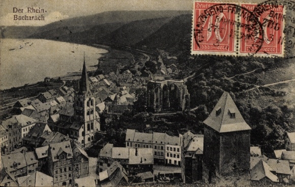 Bacharach am Rhein, view of the town, Bacharach am Rhein, church and rocks, historical...