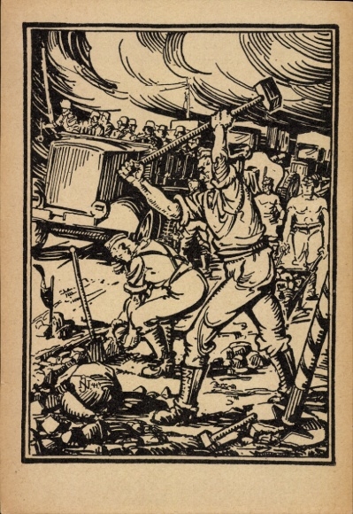 Künstler Ak Nordmann, Julius, Soldaten mit Hämmern, LKW, Wehrmacht, motorisierte Artillerie