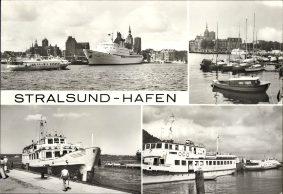 Ansichtkaart Stralsund in West-Pommeren, haven, excursieboten, zeilboten
