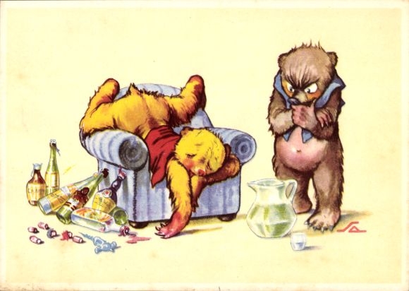 Artist Postcard Salac, Humanized Bears, Drunk Bear on a Blue Chair