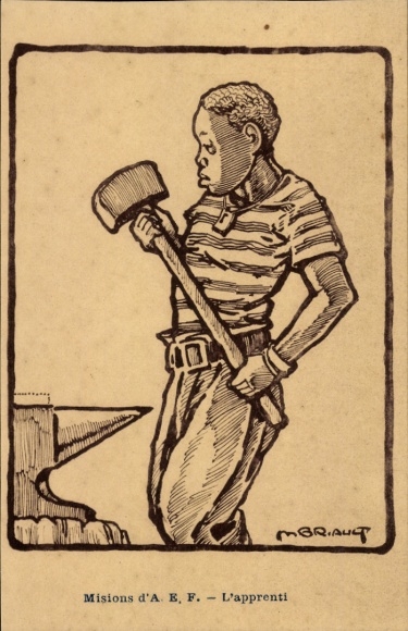 Artist Postcard Briault, M., French Congo, Missions des Pères du Saint Esprit, African, anvil