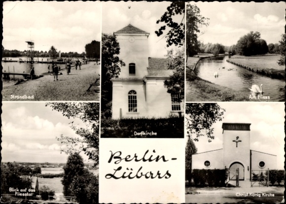 Postcard Berlin Reinickendorf Lübars, village church, Fliesstal, Christ king Church, Bad