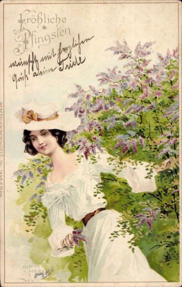 Artist Chromo-Litho Congratulations Pentecost, woman in white dress, lilac