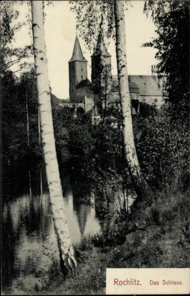 Ak Rochlitz Sachsen, Partie am Teich mit Blick aufs Schloss