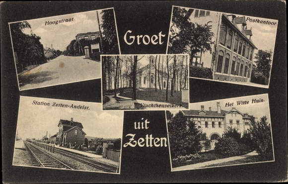 Postcard Zetten Gelderland Netherlands, train station, Hoogstraat, post office, Witte Huis, Vluchtheuvelkerk