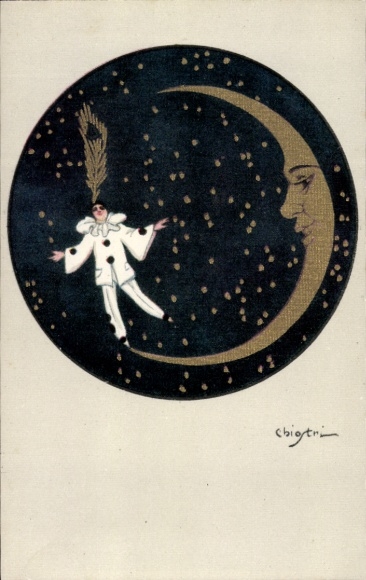 Artist Postcard Harlequin, Moon, Stars, Feather