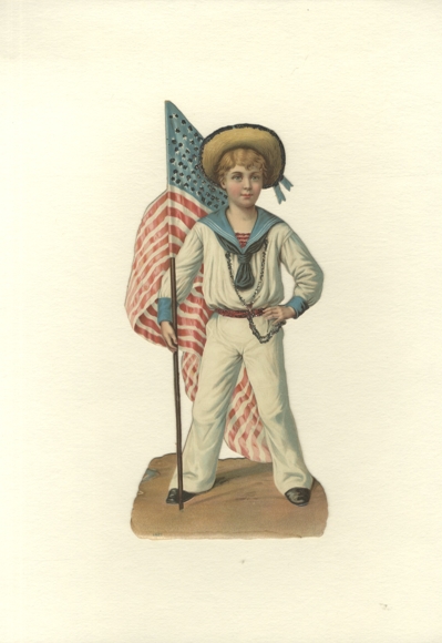 Wafer, jongen in matrozenpakje met Amerikaanse vlag, afmeting ca. 28,5 x 13 cm