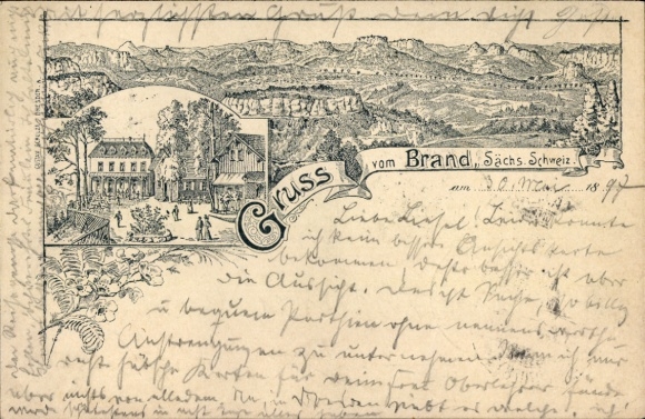 Litho Hohnstein Sächsische Schweiz, Brand, Gastwirtschaft, Panorama