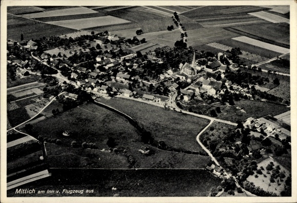 Postcard Mittich Neuhaus am Inn Lower Bavaria, aerial view of rural landscape, church building