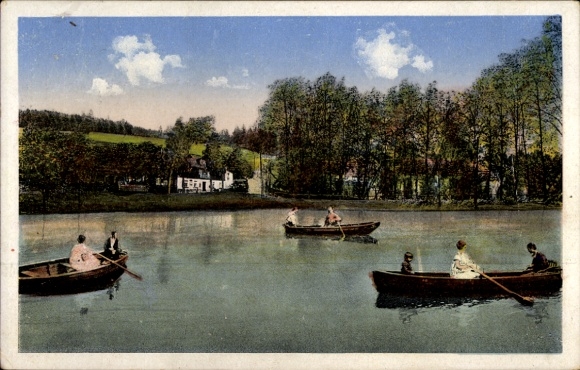 Ak Alberoda Aue im Erzgebirge Sachsen, Seenlandschaft, Boote auf Wasser, grüne Bäume, Himmel m...