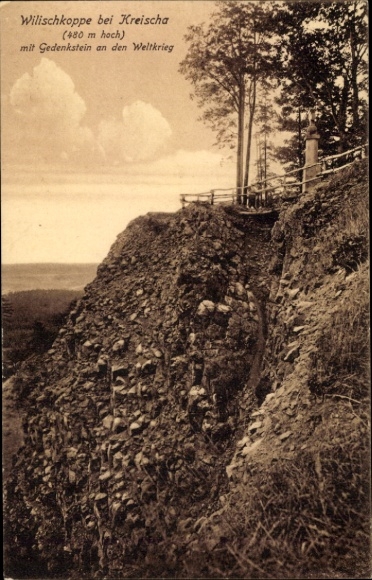 Postcard Kreischa near Dresden, Wilischkoppe, World War II memorial stone