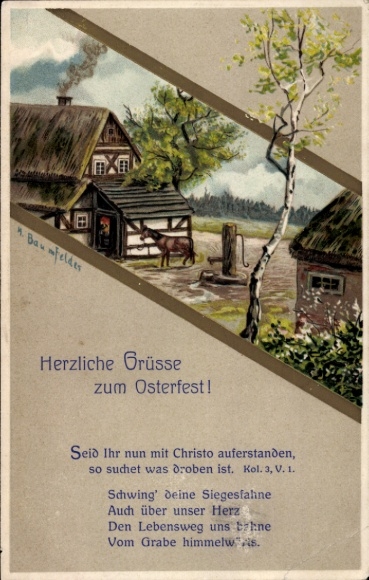 Präge Ak Glückwunsch Ostern, Wohnhaus, Birke, Bibelzitat, Seid Ihr nun mit Christo auferstanden...