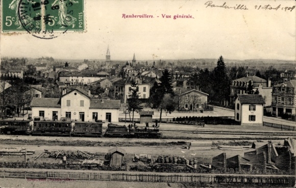 Ansichtkaart Rambervillers Lorraine Vogezen, algemeen beeld, treinstation, spoorzijde