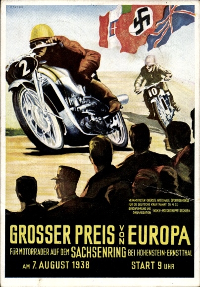 Künstler Ak Hohenstein Ernstthal Sachsen, Großer Preis v. Europa 1938, Sachsenring, Motorräder, NSKK