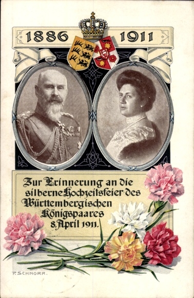 Artist Postcard Schnorr, King Wilhelm II of Württemberg, Queen Charlotte, Silver Wedding 1911, Coat of Arms