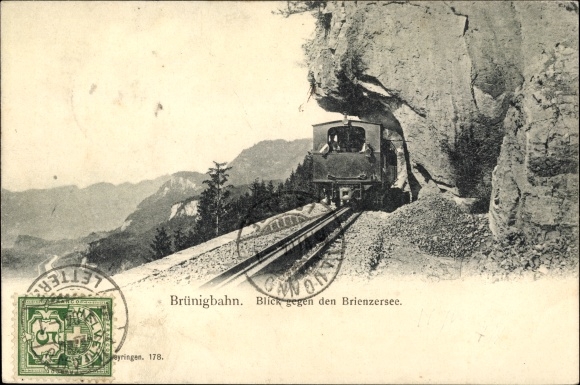 Postcard Brünig Meiringen Kt Bern Switzerland, Brünigbahn, view towards Lake Brienz