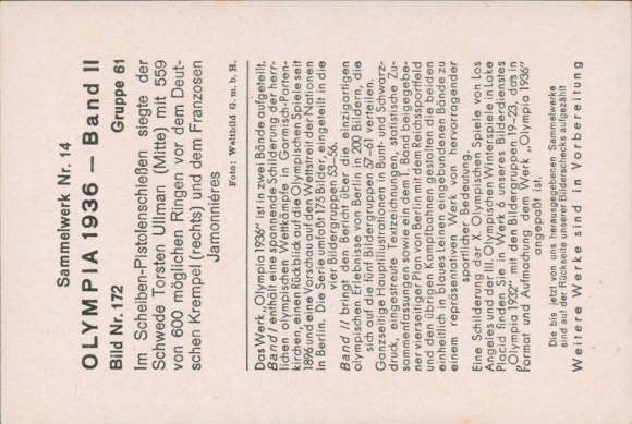 Collector's picture Olympics 1936, target pistol shooting, Torsten Ullmann, Krempel, Jamonnieres