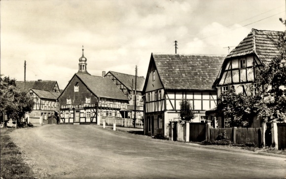 Postcard Rottleberode Südharz, main street, half-timbered houses