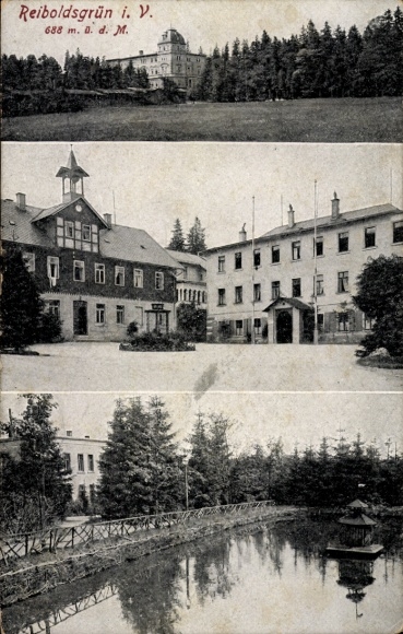 Postcard Bad Reiboldsgrün Auerbach Saxony, castle, town hall, market square, pond