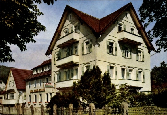 Postcard Bernbach Bad Herrenalb in the Black Forest, Hotel Kühler Brunnen, three-story building, clear A