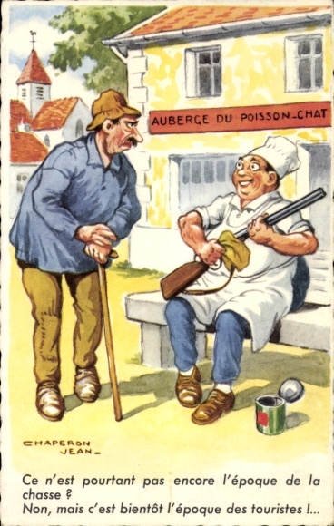 Artist Postcard Chaperon, Jean, baker with gun, hunting, humor