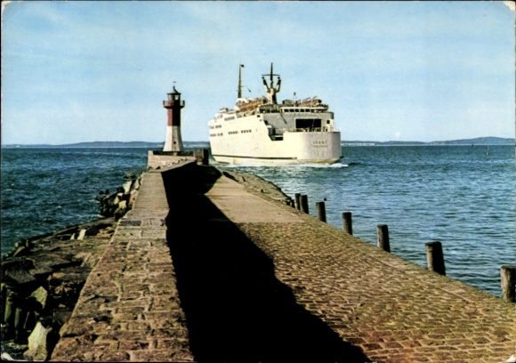 Postcard Sassnitz on Rügen, Sweden ferry Skane at the pier