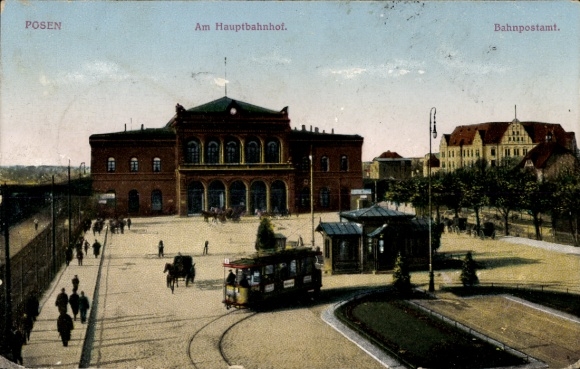 Postcard Poznań Posen, main station, railway post office, tram