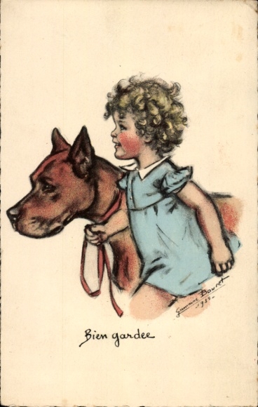 Artist Postcard Bouret, Germaine, Well Protected, Girl with a Large Dog