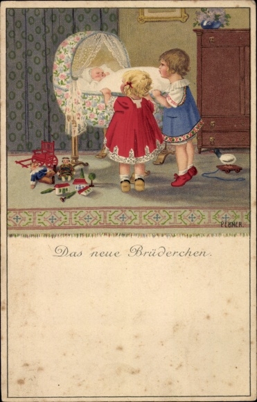 Artist PC Ebner, Pauli, children The new brother, children at the cradle, toys