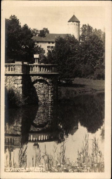 Postcard Überlingen on Lake Constance, bridge, water reflection, buildings, trees, architecture